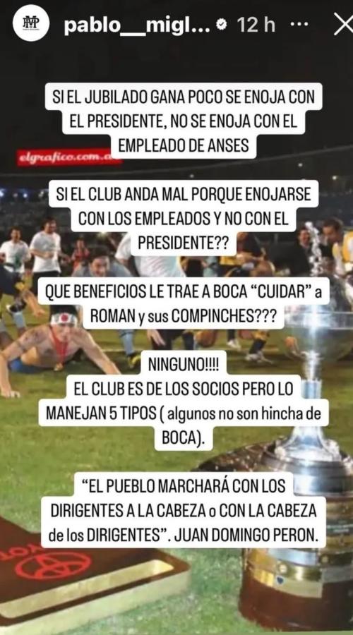 Imagen Pablo Migliore y su publicación en sus historias de IG.