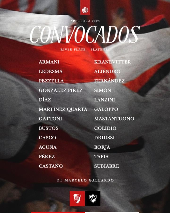 Imagen Los 24 convocados por Gallardo para recibir a Platense.