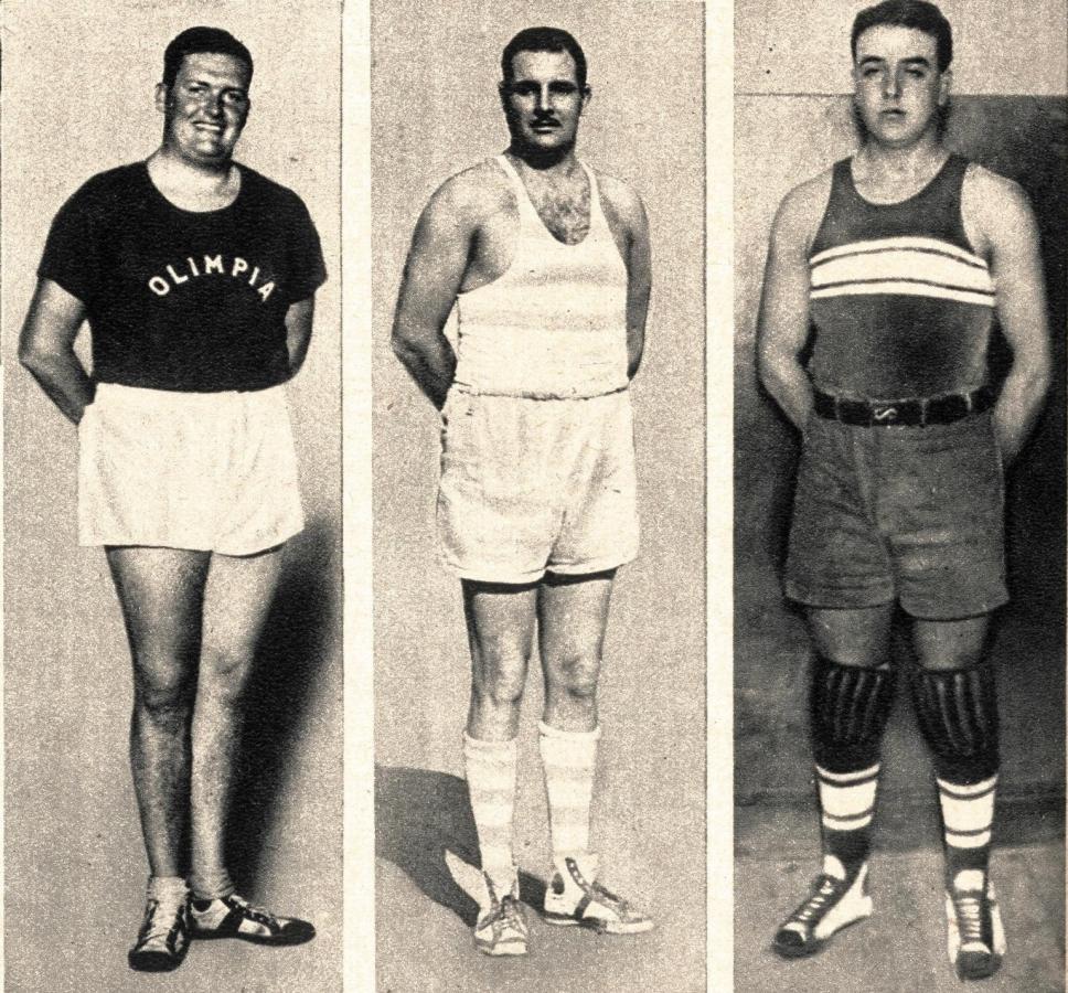 IZQ. Era Jovencito Tono Zolezzi y ya tenía tendencias a las curvas pronunciadas. "¡Plum!... ¡Plum!... hacía el piso de "la piecita" cuando el buen back arriesgaba una salida a campo afuera… CENTRO. No era gordo, Varela. Era alto y ancho de contorno, como dicen las mujeres. Cuando agarraba una pelota bajo el aro y mandaba el formidable caderazo, hacía unos desparramos terribles. DER. El Bocha Garete de Olimpia ni con diez gripes seguirlas: llegaría a jockey. No es el único en su club. Está Ghiso, el lampiño Smoris, que semeja el reclame del Michelín…, y otros más, como Bufa.