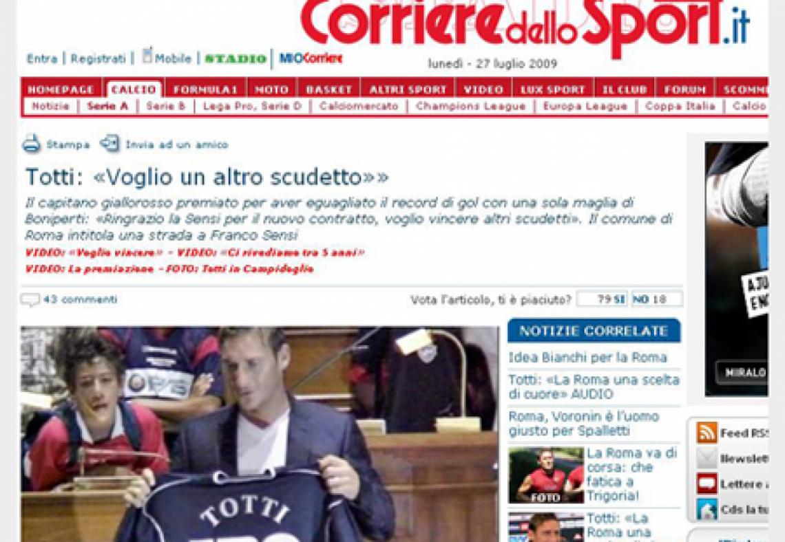 Imagen EN CORRIERE DELLO SPORT. Totti con la camiseta de los 178 goles en la Serie A.