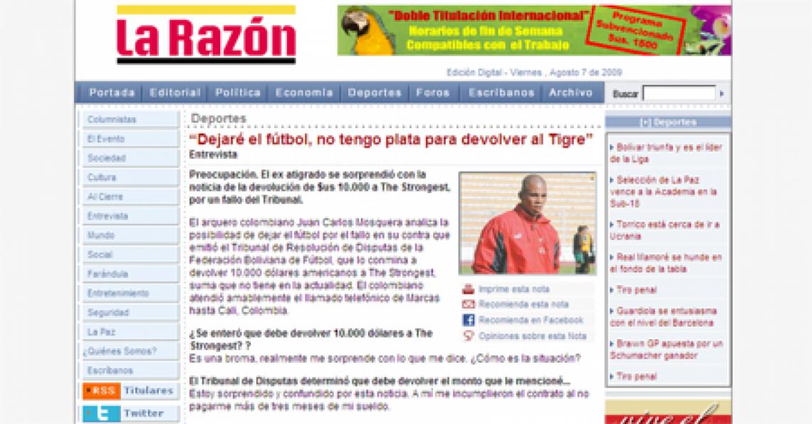 Imagen LA NOTA en el sitio del diario La Razón de Bolivia. 