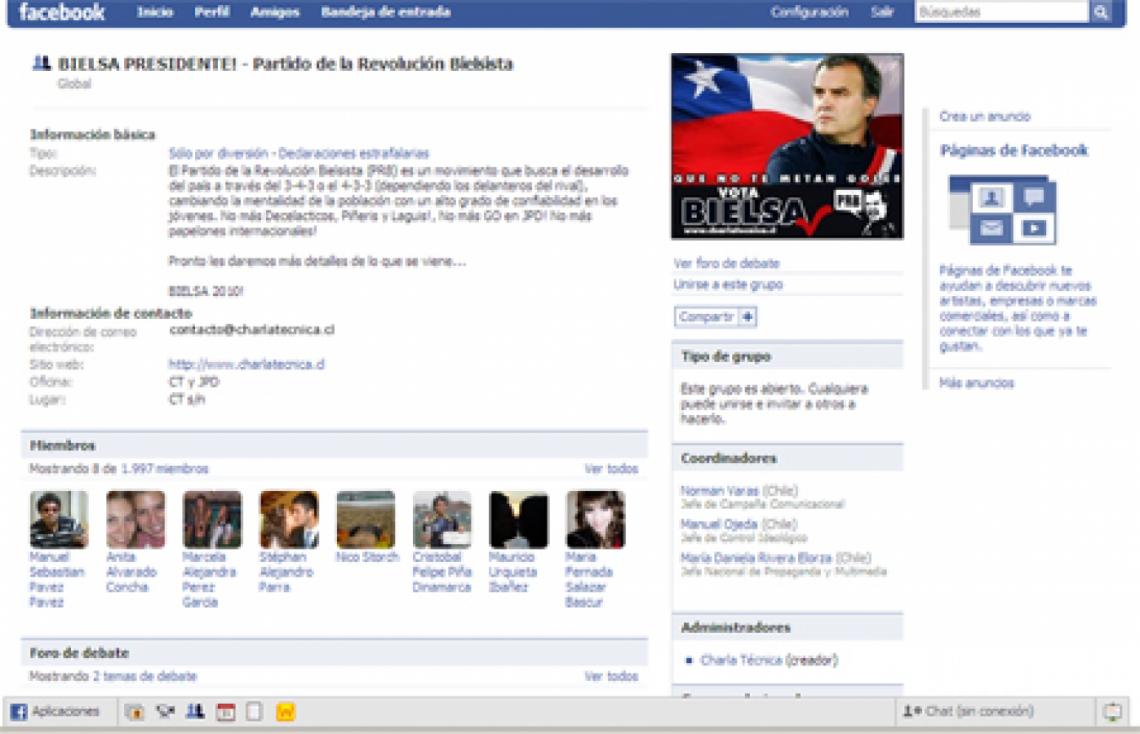 Imagen REVOLUCION BIELSISTA. La página en FB del grupo de seguidores de Bielsa que lo quiere como presidente de Chile.
