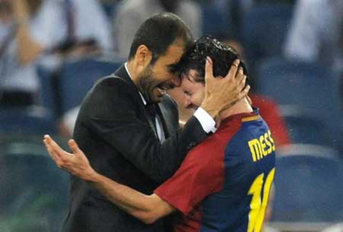 Imagen Pep Guardiola, que cumplió 40 años en enero, y su jugador fetiche, Lionel Messi.