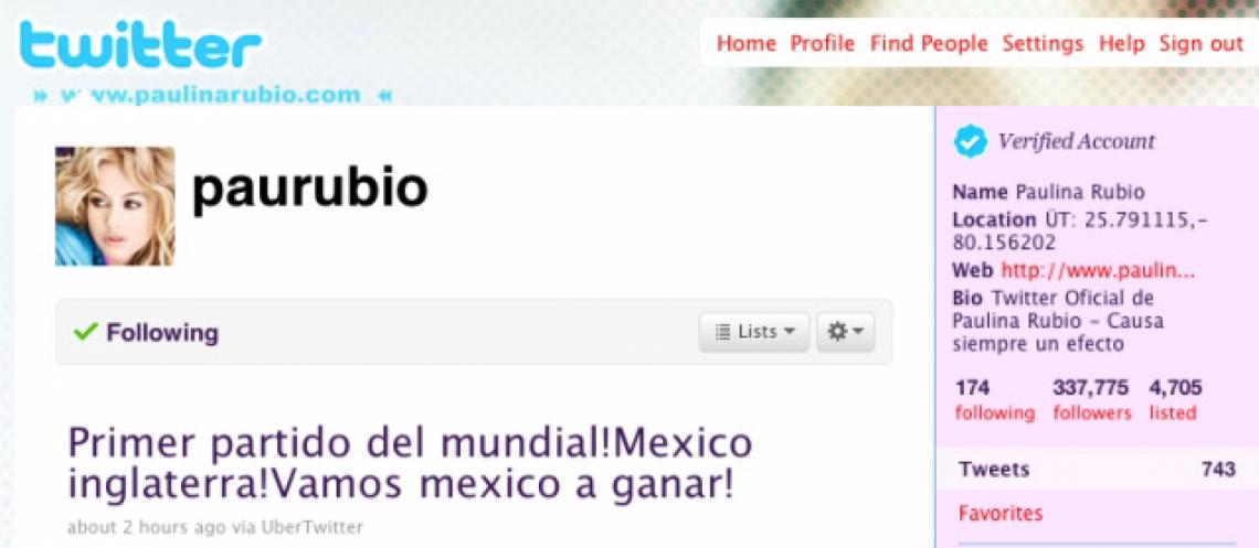 Imagen El error de la cantante Paulina Rubio en su perfil de Twitter.