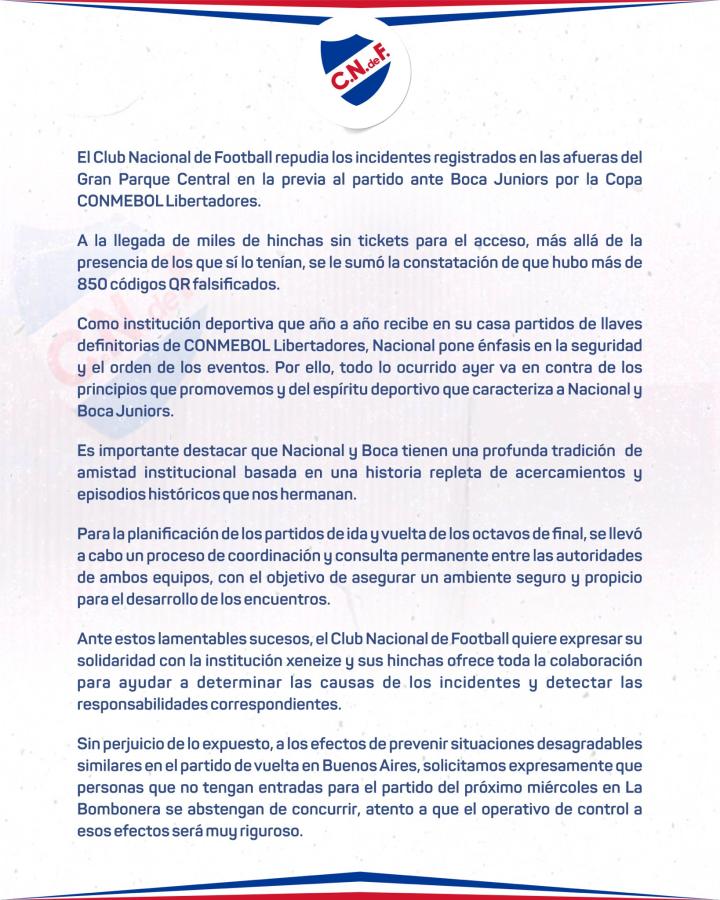 Imagen El comunicado de Nacional ante los hechos de violencia antes del partido con Boca.