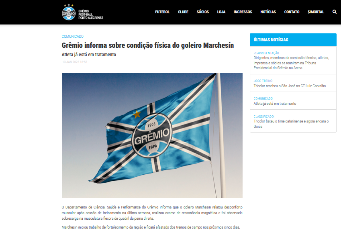 Imagen Gremio y el comunicado oficial sobre la lesión de Marchesín.
