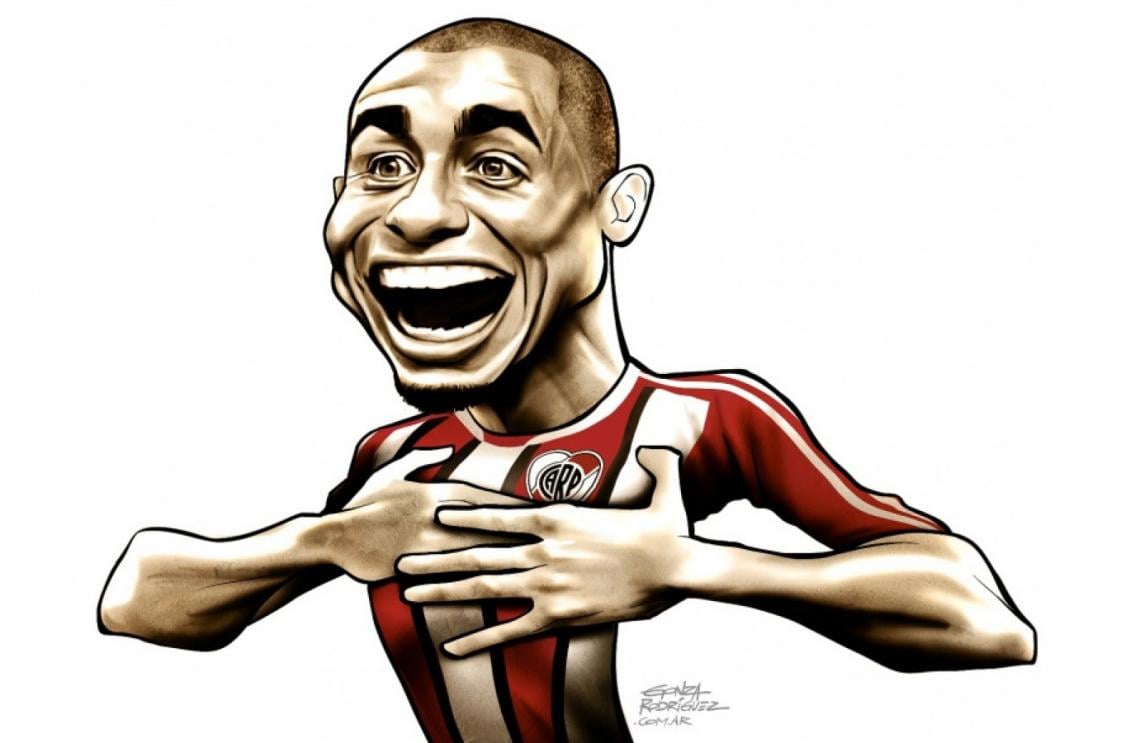 SE INICIO en Platense, pero su corazón late por River, donde embelesó con sus goles en los pocos partidos que ha jugado. (Ilustración: Gonza Rodríguez, exclusiva para El Gráfico)