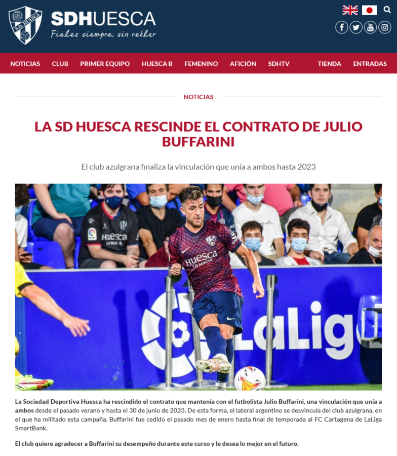 Imagen El agradecimiento del club Huesca a Buffarini.