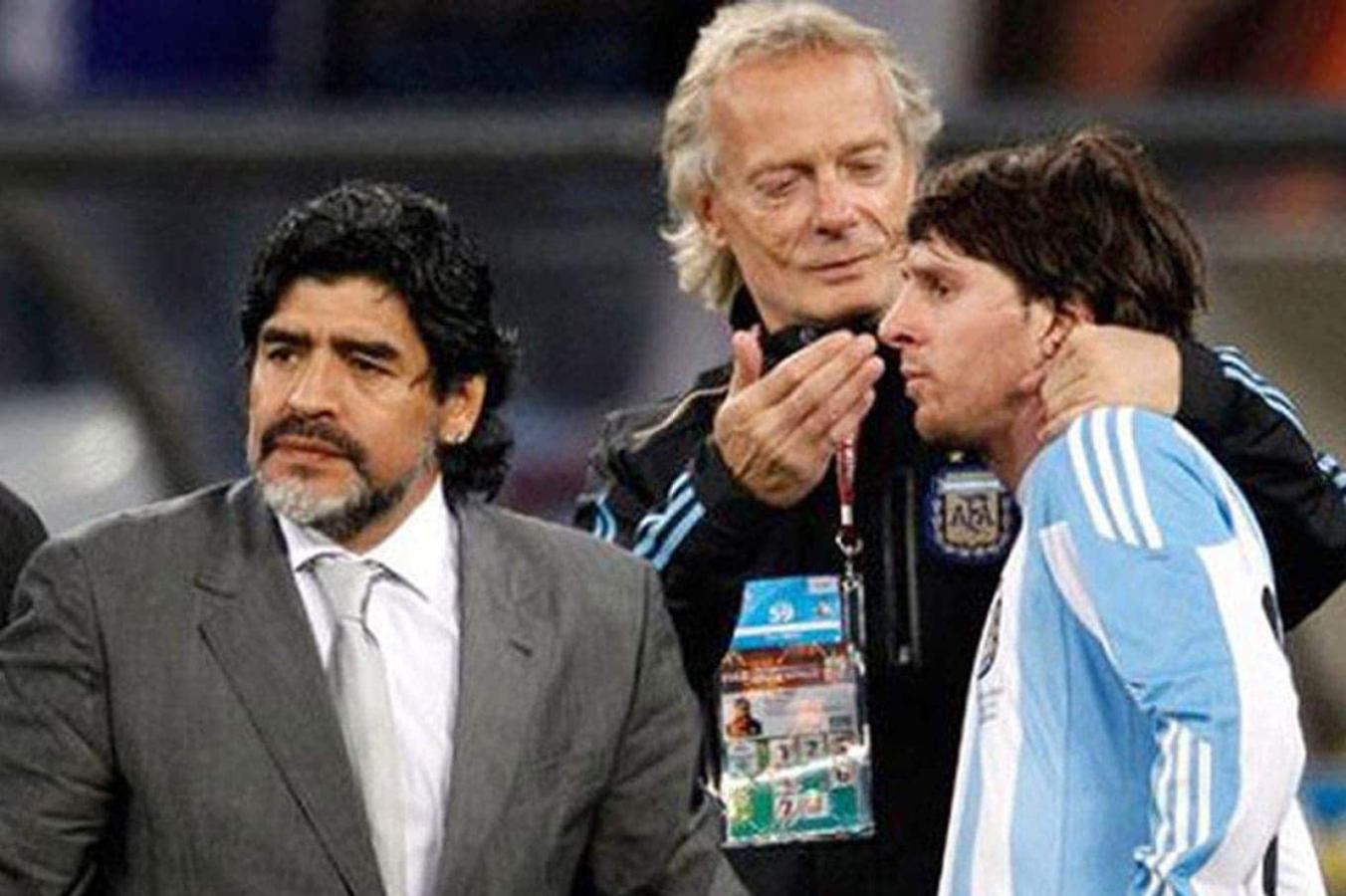 Imagen Signorini, Messi y Maradona durante el Mundial de Sudáfrica 2010.