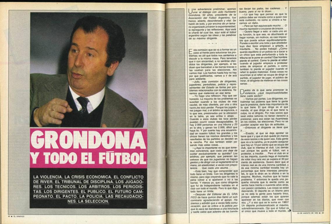 Imagen TREINTA AÑOS NO ES NADA. La apertura y la primera página de la entrevista de José Luis Barrio a Julio Humberto Grondona en agosto de 1983. El PDF con la nota completa se puede descargar al final del extracto.