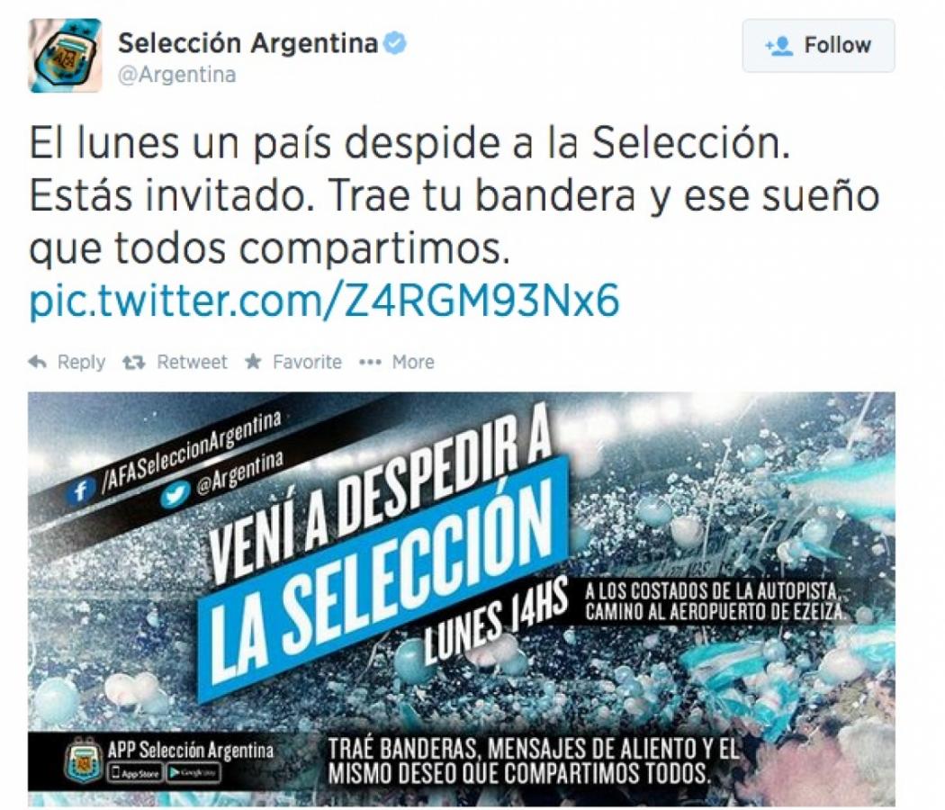 Imagen La cuenta oficial de la Selección invita a los hinchas argentinos a despedir a los jugadores con banderas y mensajes de aliento.