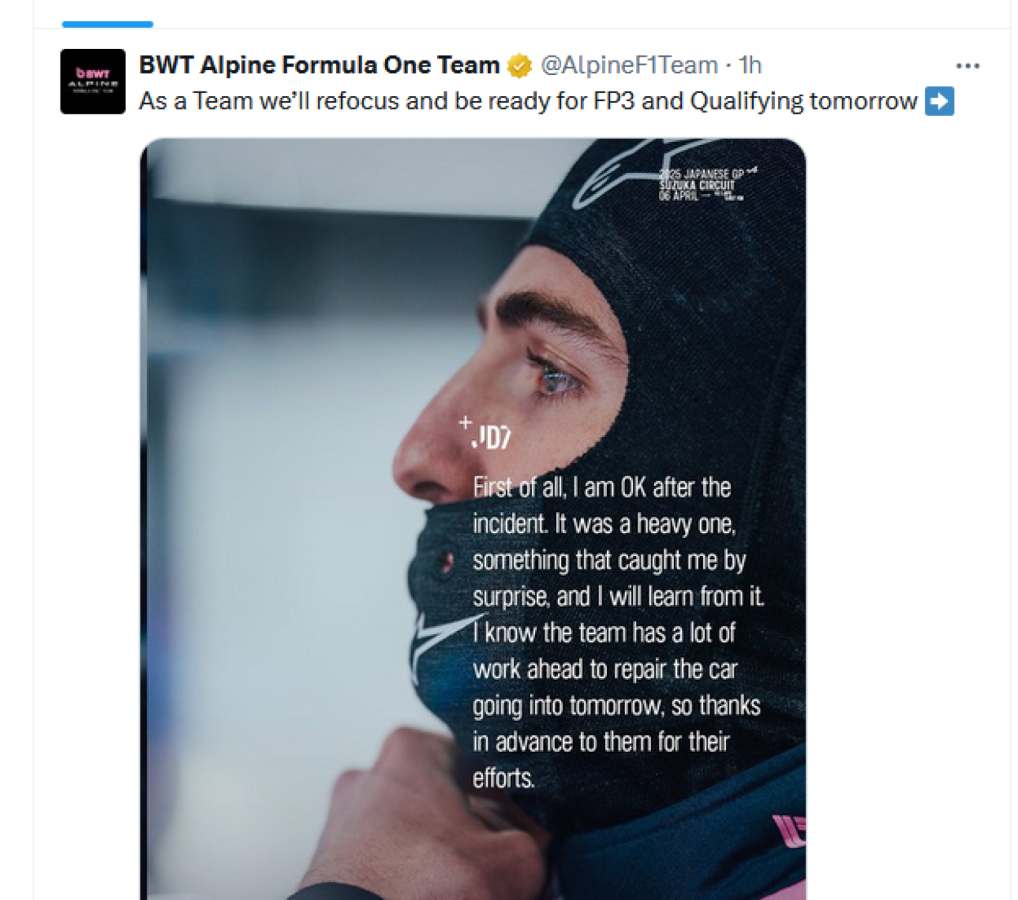 Imagen El mensaje de Doohan subido por Alpine y luego eliminado.