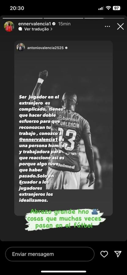 Imagen El mensaje de apoyo de Antonio para Enner Valencia en IG.