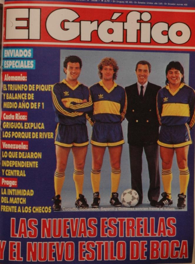 Imagen La tapa de El Gráfico en su llegada a Boca, con Cucciuffo, Domenech y Gutiérrez. Duró 5 partidos.