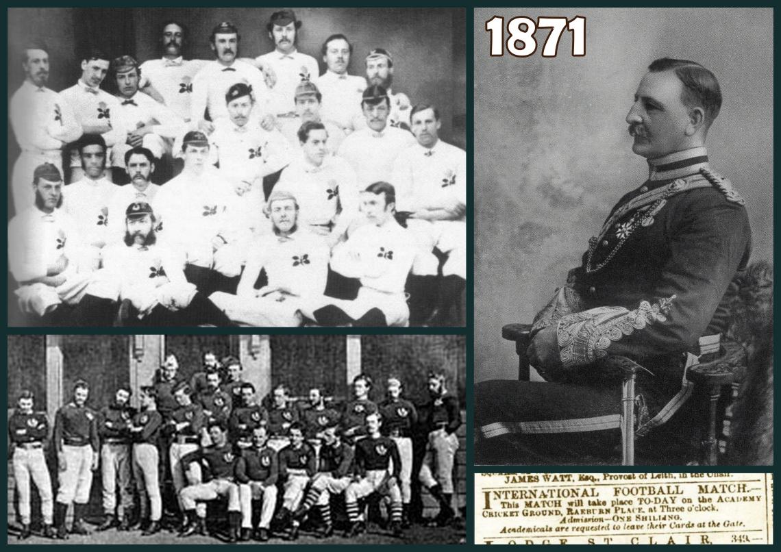 Imagen Los primeros equipos de rugby de Inglaterra y Escocia; el goleador Walker; y un anuncio periodístico.