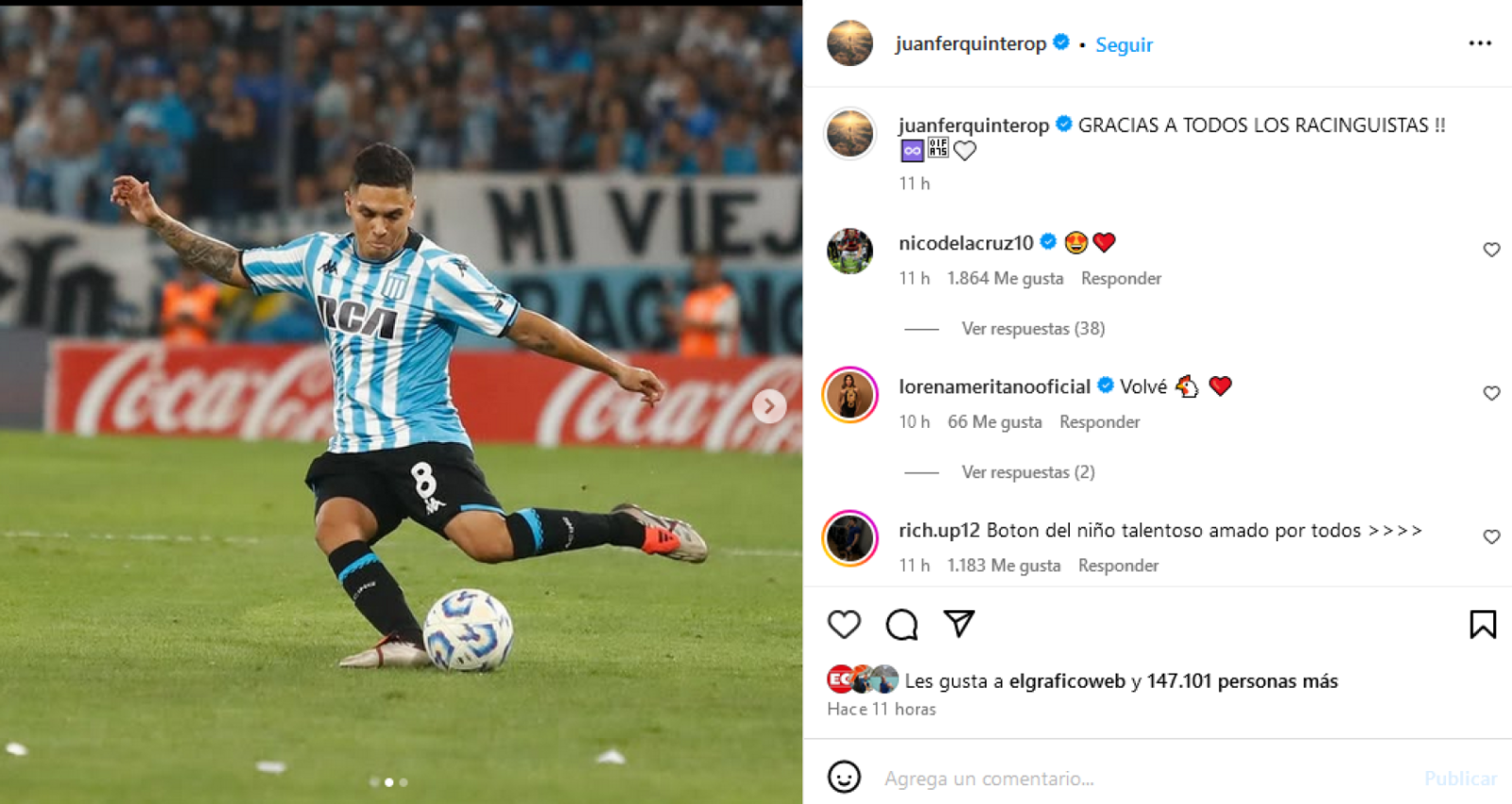 Imagen El mensaje de Juanfer para los hinchas de Racing.