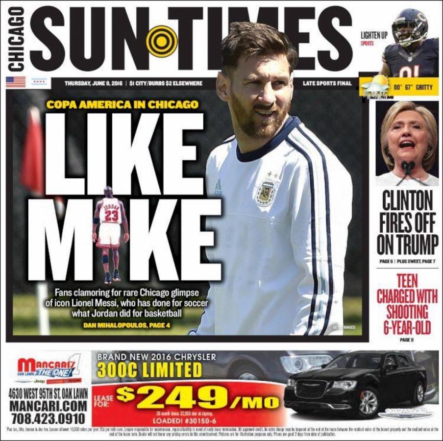 Imagen Messi, en la tapa del Chicago Sun Times