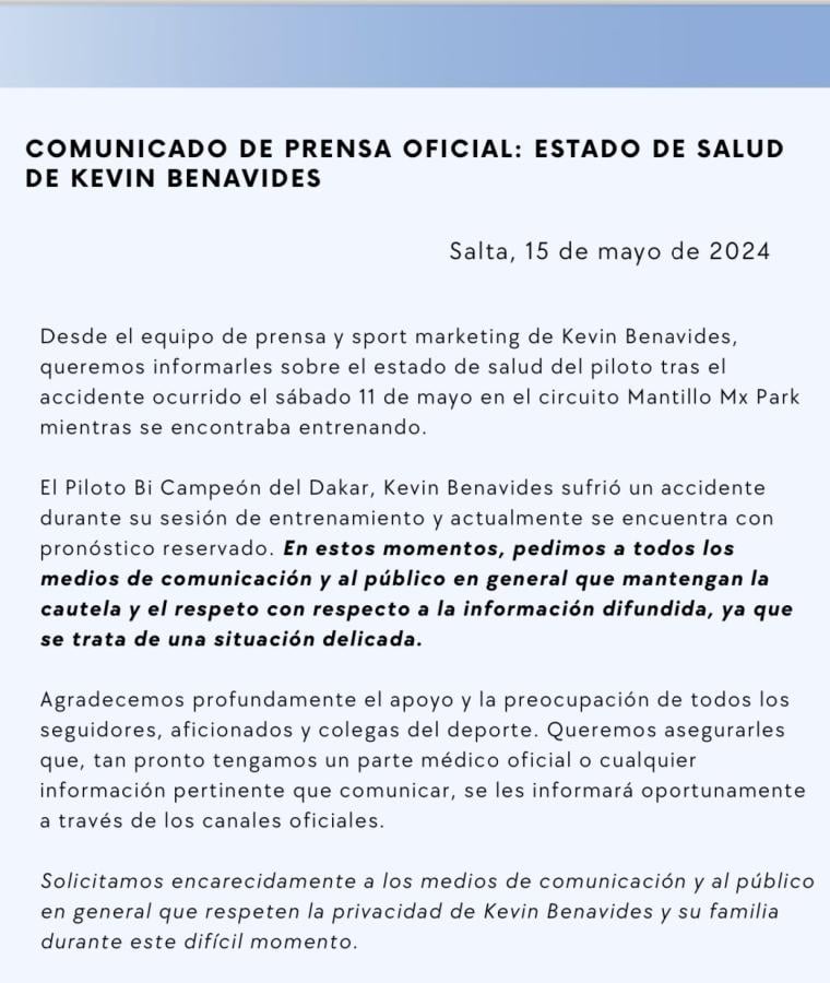 Imagen El comunicado del equipo de prensa de Kevin Benavides.