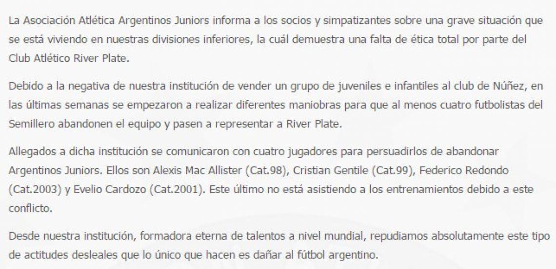 Imagen El comunicado de Argentinos Juniors.