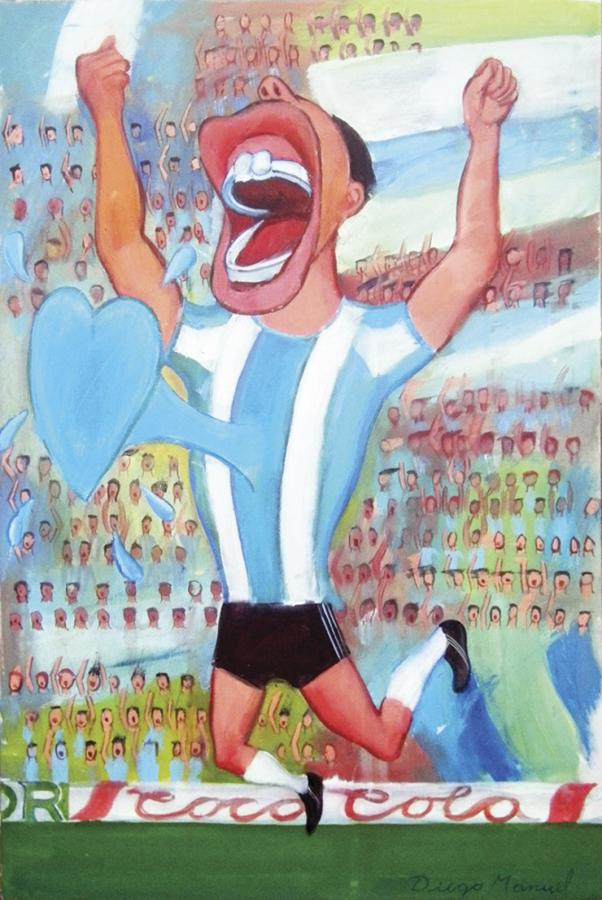 Imagen "Maradona y la hinchada", acrílico sobre tela de Diego Manuel Rodríguez, artista plástico y escultor argentino. 