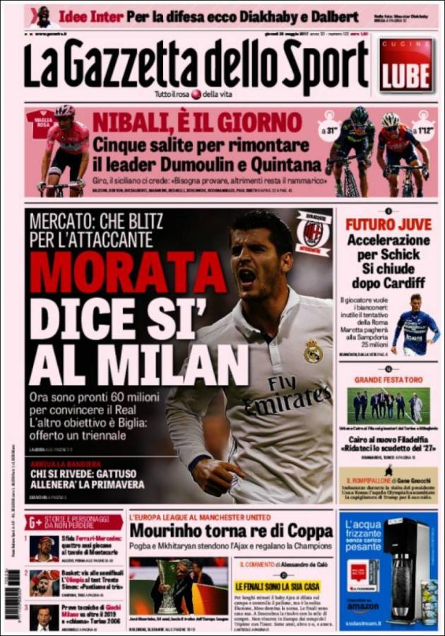 Imagen Morata, en la tapa de la Gazzetta dello Sport.
