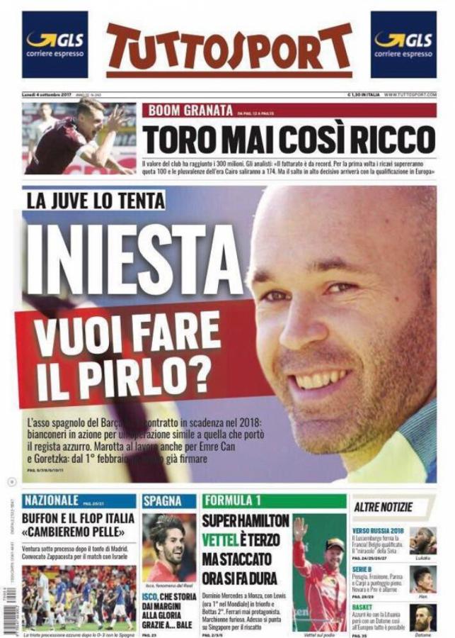 Imagen Iniesta, en la tapa de Tuttosport.
