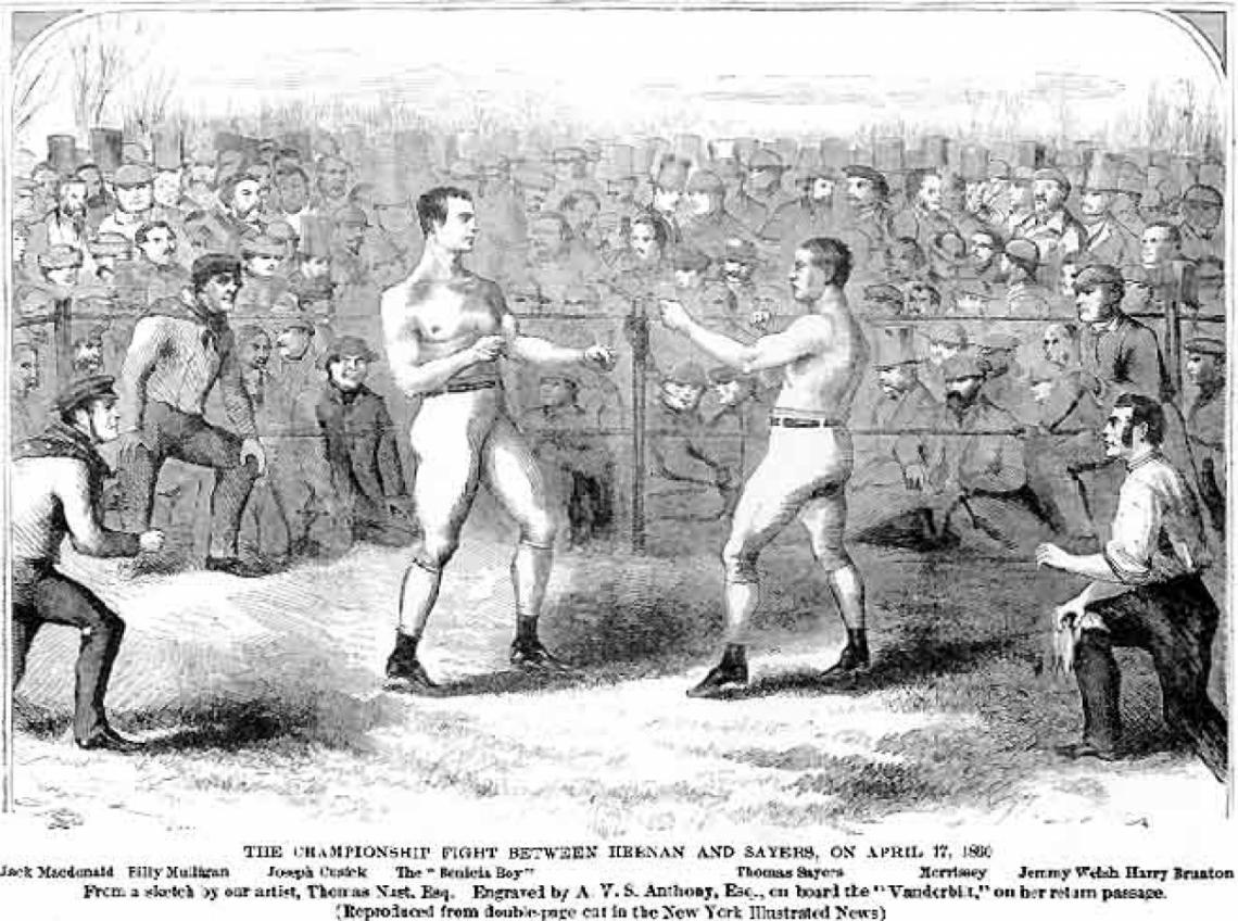 Imagen El dibujo es una reproducción de la pelea de 1860 entre Heenan vs Sayers, en un campo de Hampshire considerada el primer combate “por el título mundial”.