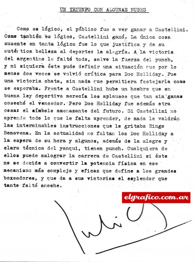 Imagen Facsímil de la nota mecanografiada y firmada por Julio Cortázar que llegó a El Gráfico. La nota fue publicada en El Gráfico edición de 10 de abril de 1973.