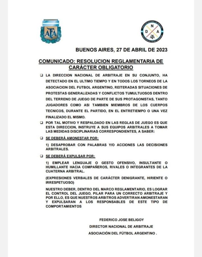 Imagen El comunicado de la Dirección nacional de arbitraje