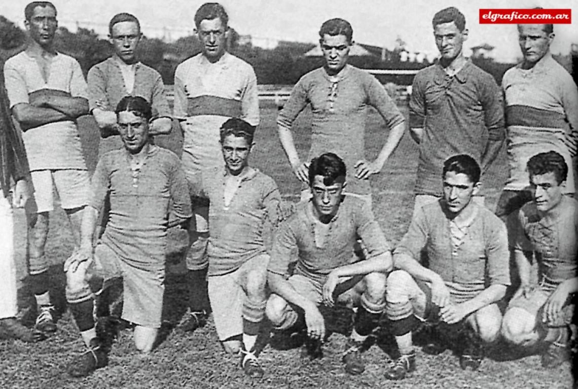1919. El equipo de Boca campeón por primera vez donde Calomino era su mayor ídolo: Ortega, Busso, Elli, Alfredo López, Tesoriere y Cortella. Abajo: Calomino, Bozzo, Garassino, Martín y Miranda.