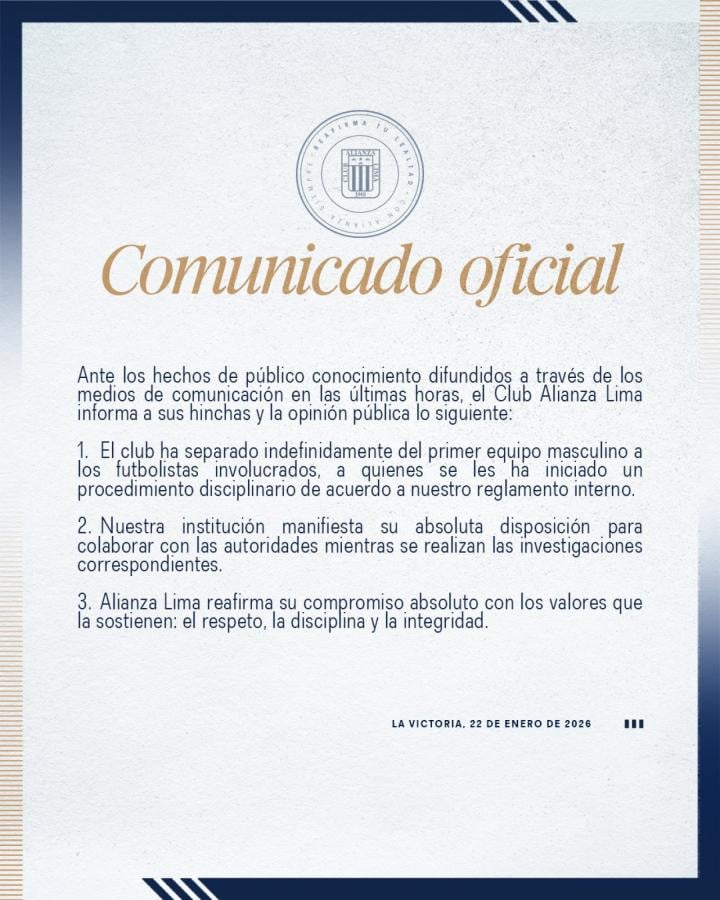 Imagen El comunicado de Alianza Lima.
