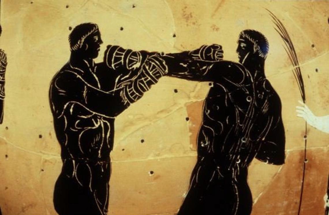 Detalle de ánfora con escena de pugilato descubierta en Cervetri, Italia y data del 336 a.C.