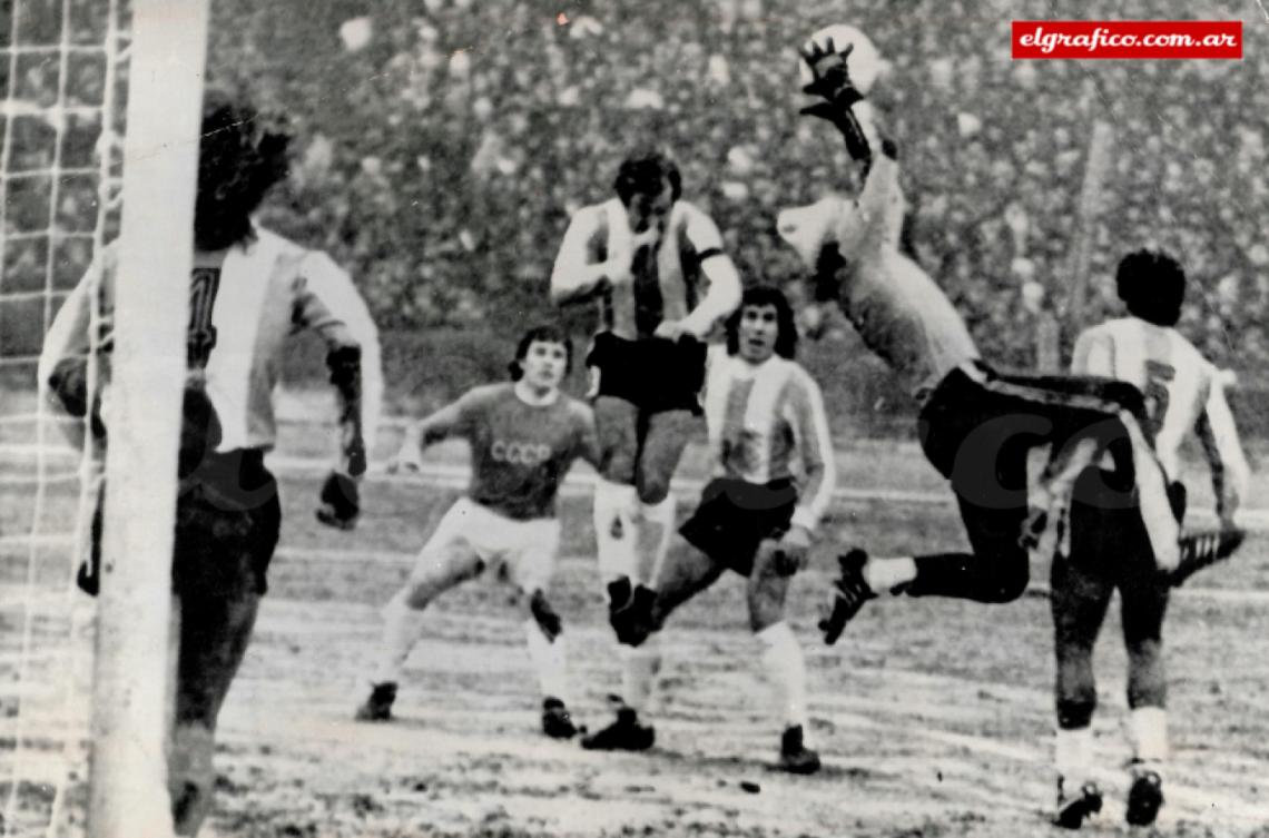 Imagen 1976. 20 de Marzo. Gatti en Kiev  atajando en la selección de Menotti. Argentina le ganó a la URSS  1 a 0 con gol de Kempes. El golpe militar sorprendió al equipo de gira por Europa.