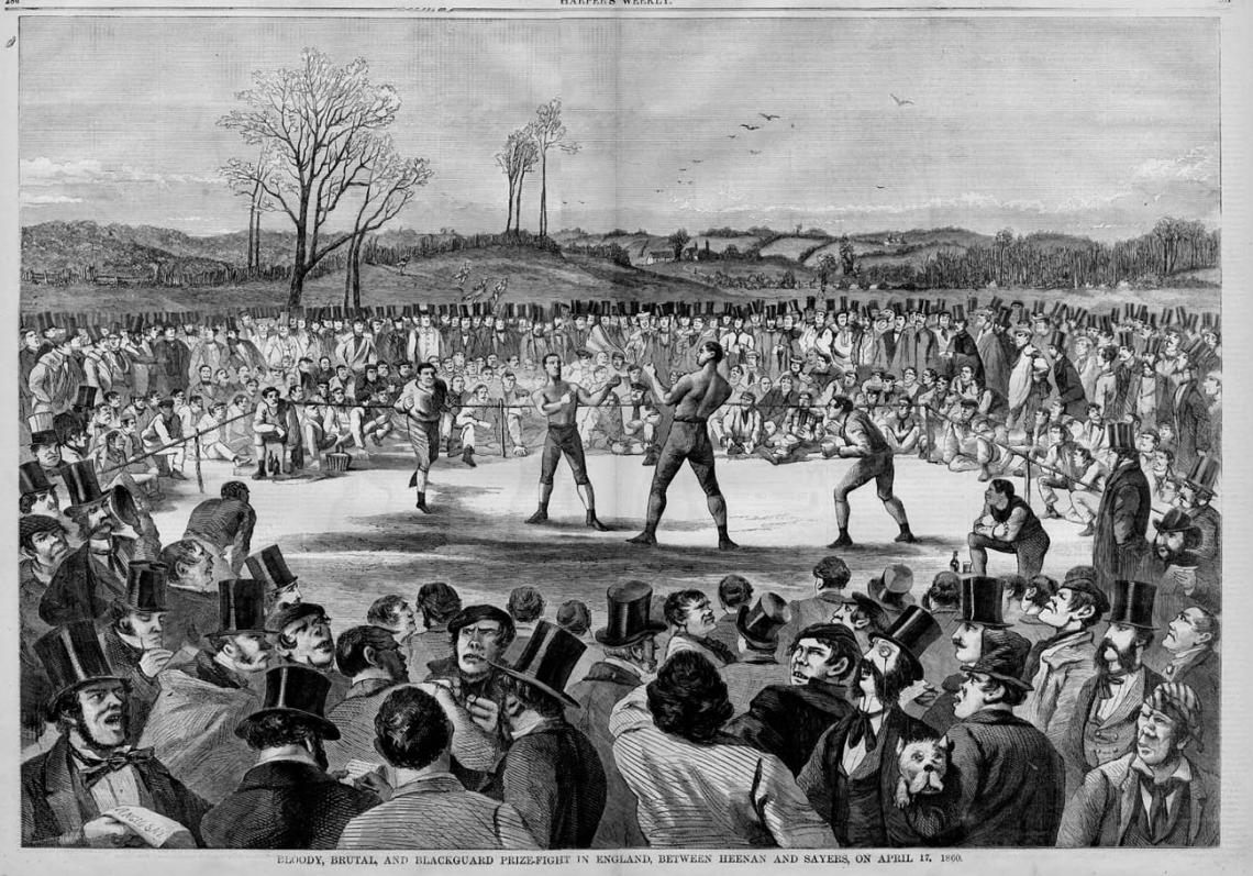 1880. Grabado de la legendaria pelea entre Sayers y Heenan.