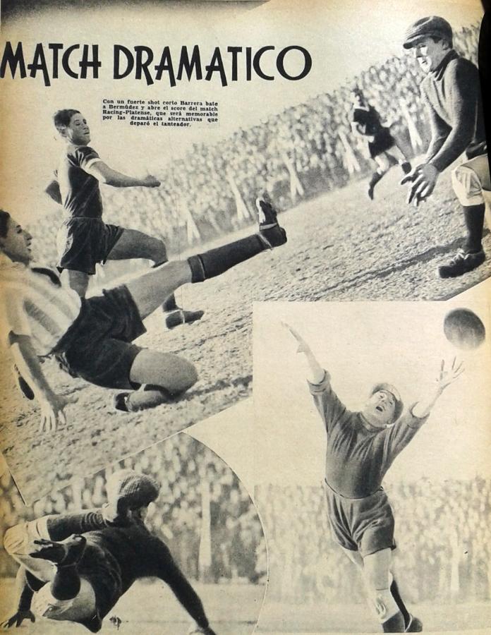 Páginas originales de El Gráfico: arriba el primer gol de Racing: Barrera; abajo a la izquerda el arquero Bermúdez no puede evitar otro gol de Barrera (el 4to). Derecha: el vuelo inútil de Capuano y el segundo gol de Platense, anotado por Juárez.
