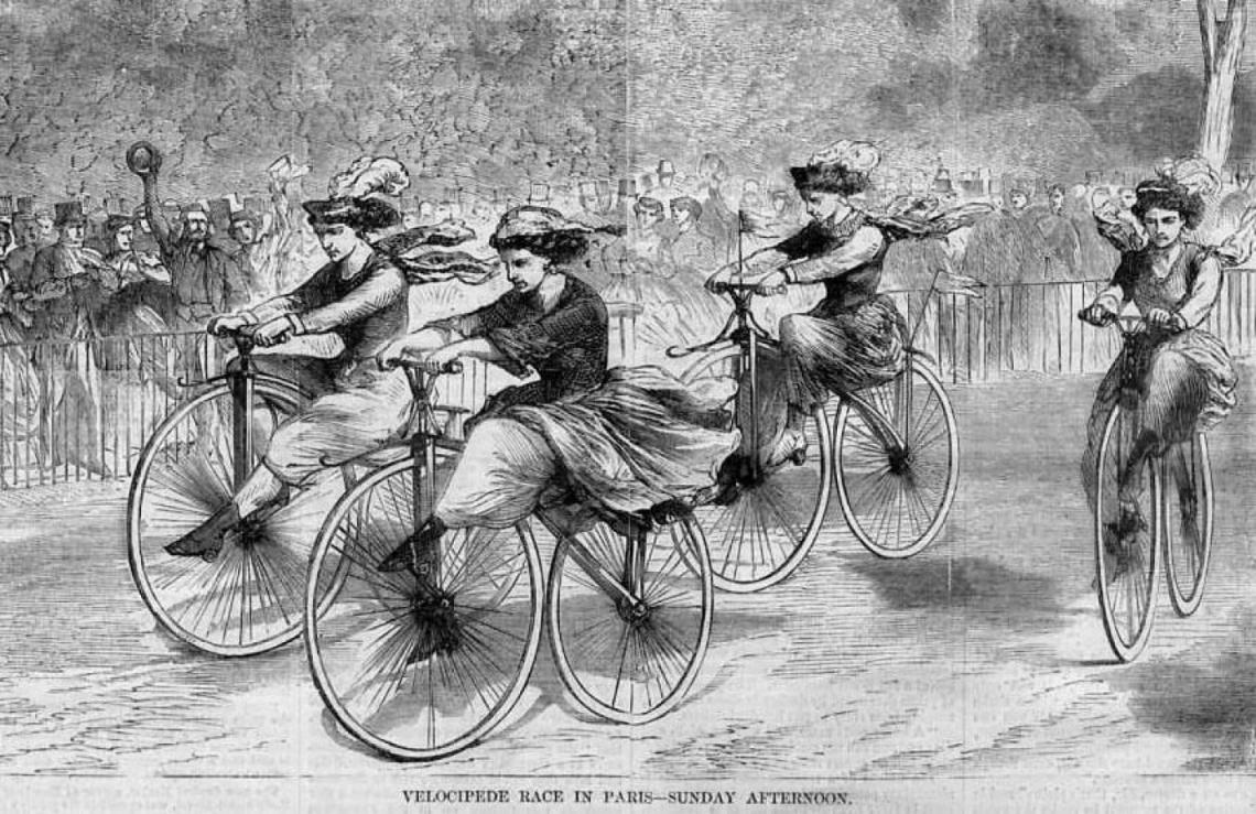 Grabado con una carrera femenina en París de 1868
