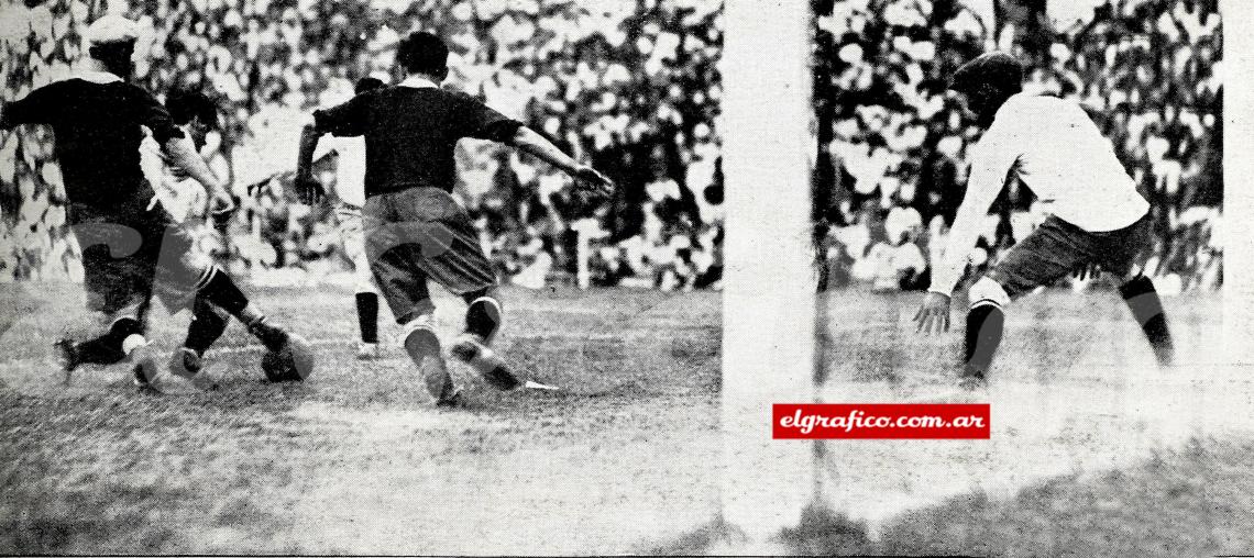 Del Giudice gambetea peligrosamente frente al arco de Independiente, Fazio, corno puede apreciarse, le hace un hábil quite con la derecha. Sangiovanni cubre el goal mientras Fassora y Armiñana se aprestan a intervenir.