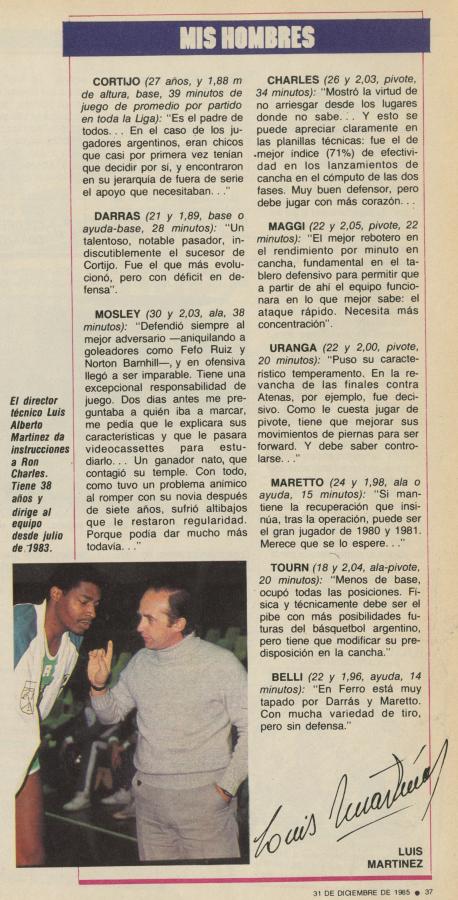 El director técnico campeón de la Liga Nacional de Básquetbol 1985, Luis Alberto Martínez, hizo un repaso de cada uno de sus jugadores.