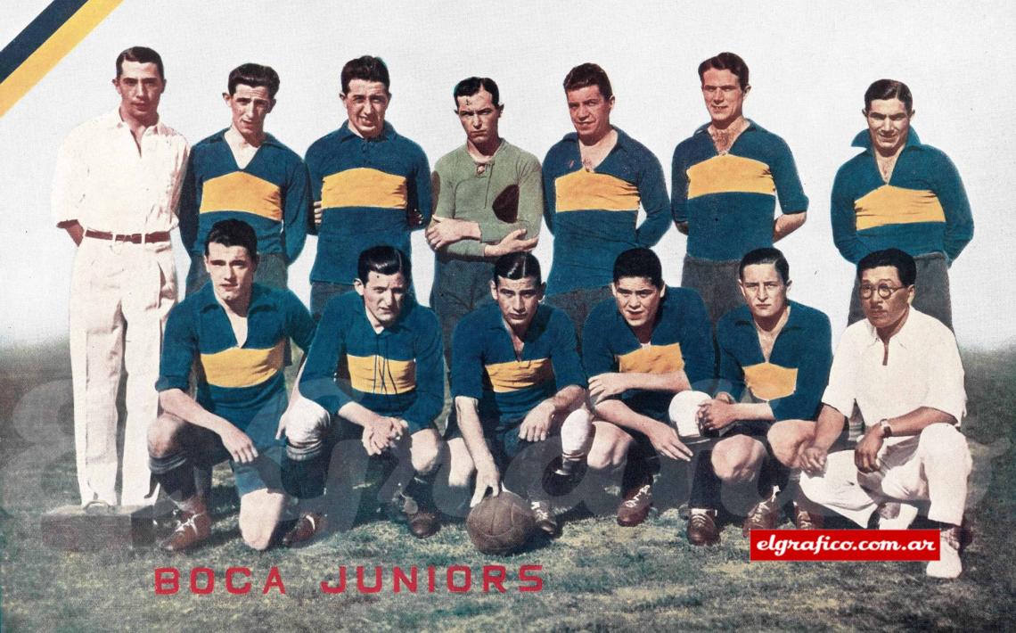 Lámina aparecida en El Gráfico del campeón 1931. De pie, de izquierda a derecha: J. Evaristo, Bidoglio, Fosatti, Mutis, Silenzi y Suárez. Agachados: Nardini, Tarasconi, Varallo, Cherro y Alberino.