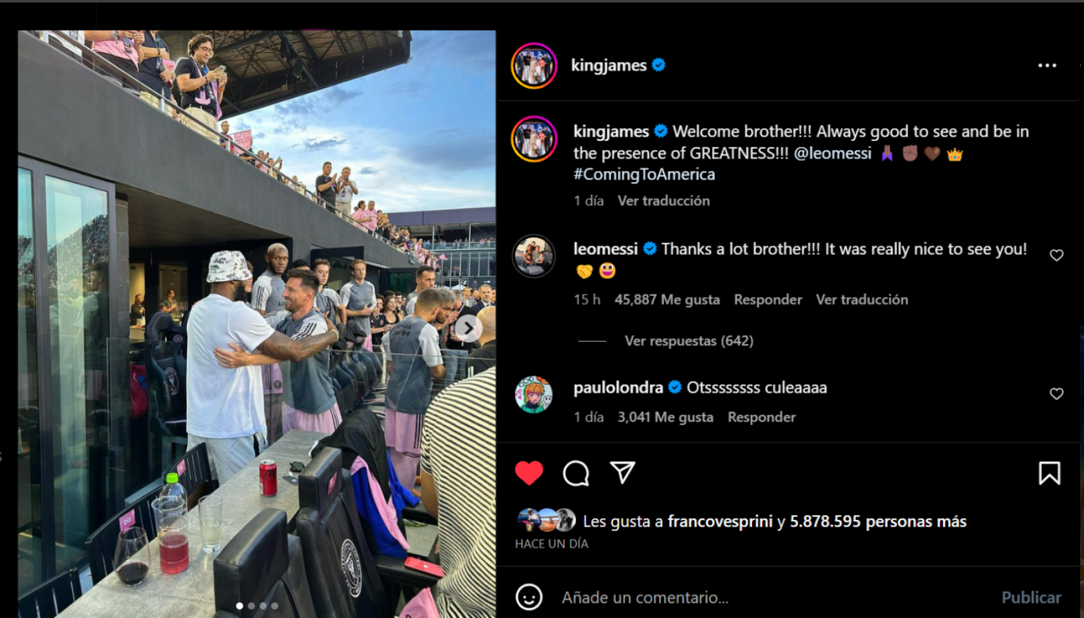 Imagen LeBron James expresó en Instagram su emoción por ver a Messi.