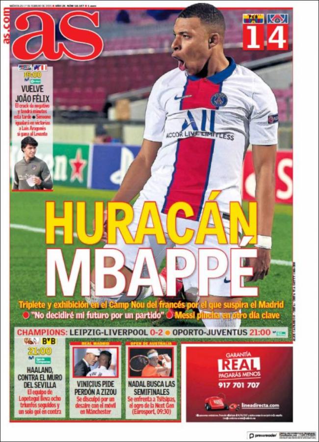 Imagen "Huracán Mbappé", destacó el diario As en su versión impresa