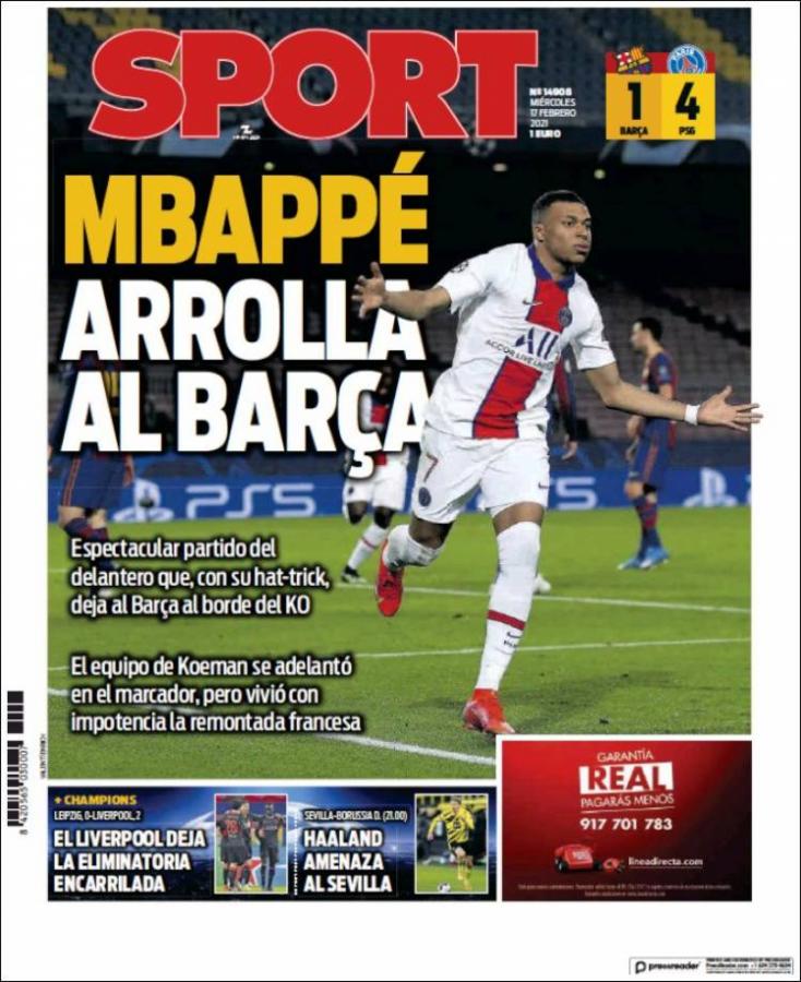 Imagen El diario deportivo Sport tituló: "Mbappé arrolla al Barça".
