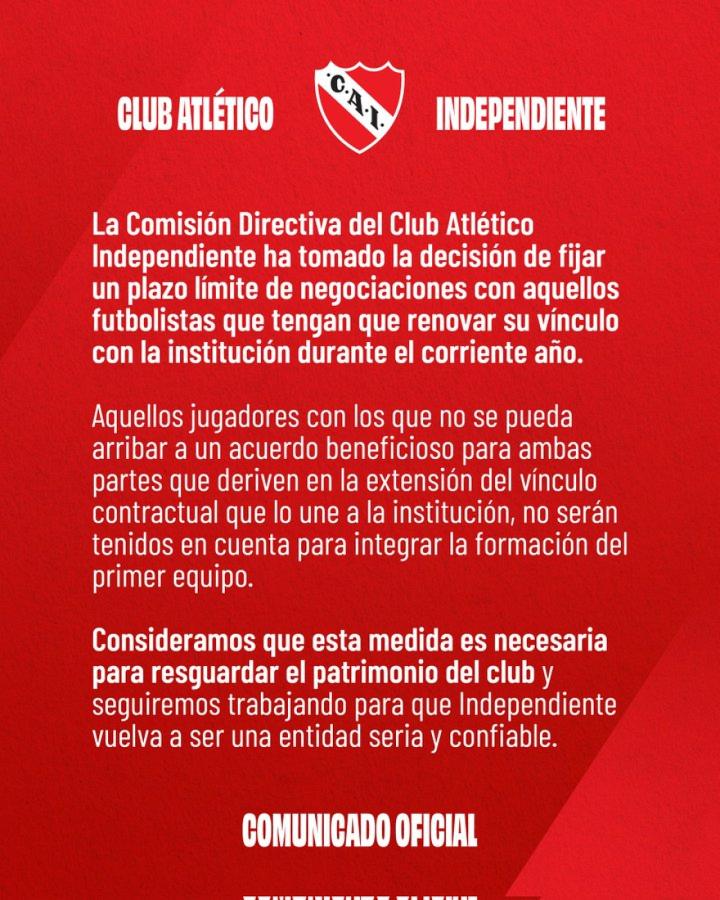Imagen El comunicado de Independiente.