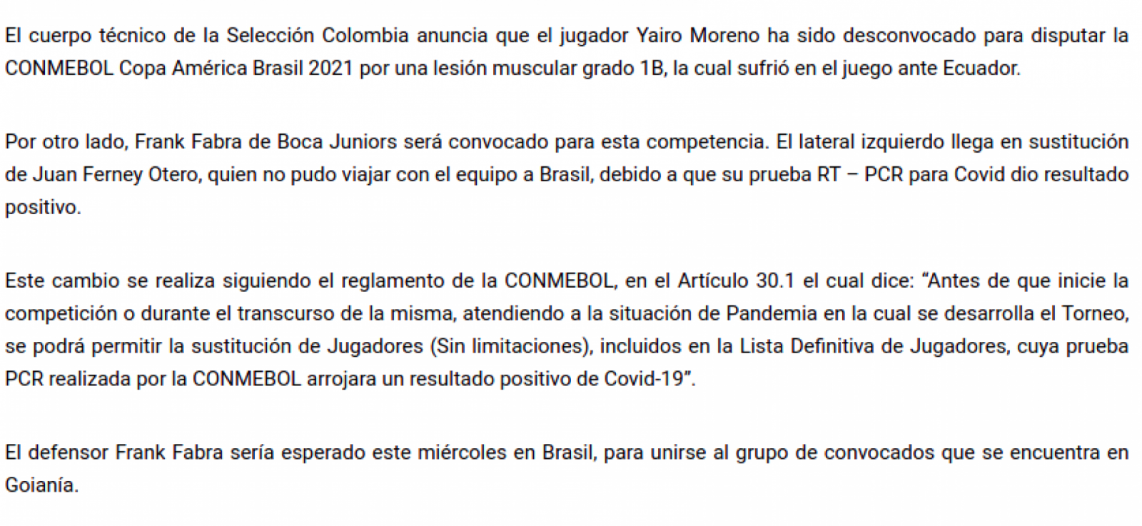 Imagen Comunicado de la Selección Colombiana