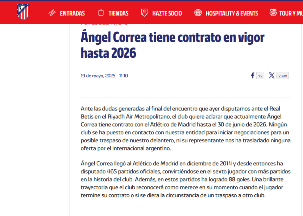 Imagen El comunicado oficial de Atlético de Madrid sobre Ángel Correa.