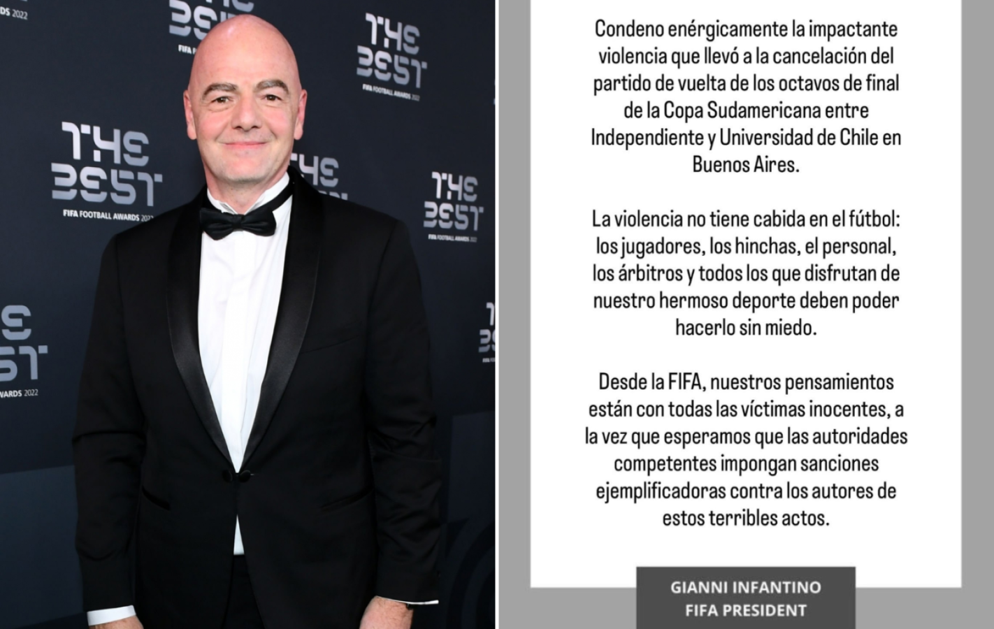 Imagen Infantino repudió la violencia extrema desatada anoche en la cancha de Independiente.