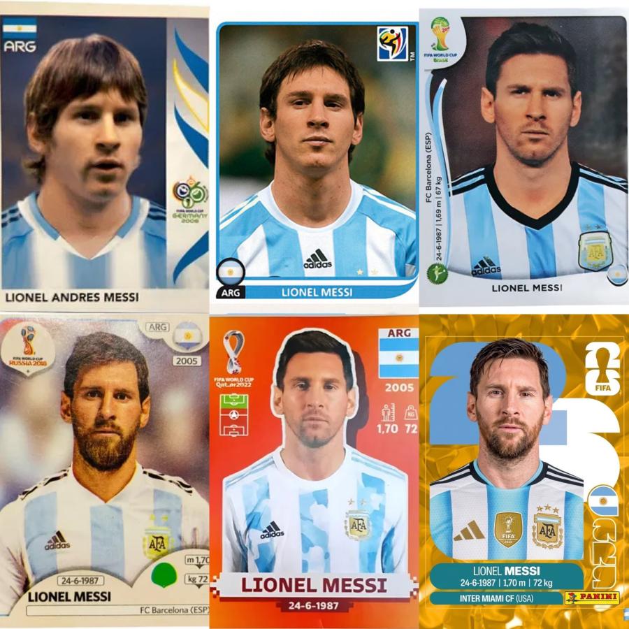 Imagen Lionel Messi, según pasan los Mundiales en cada edición del álbum de Panini.