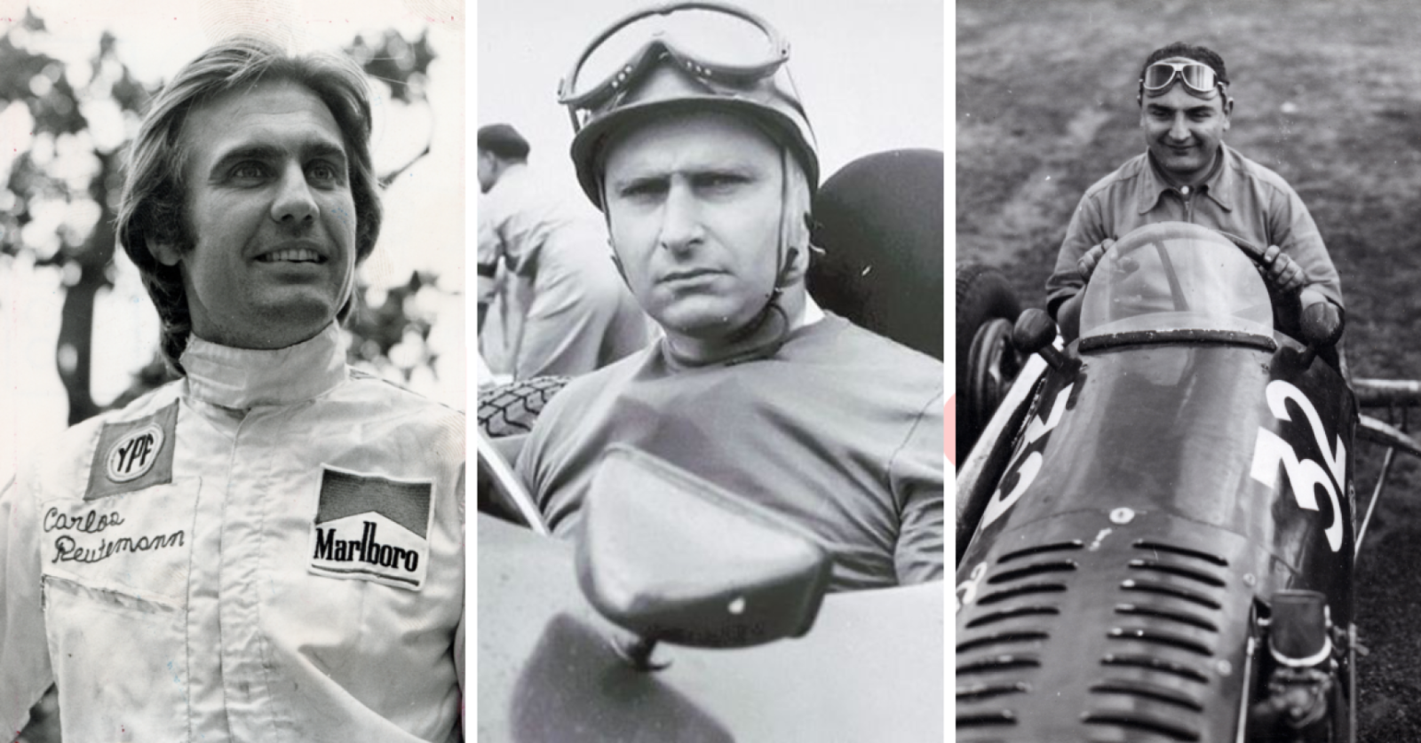 Imagen Carlos Alberto Reutemann, Juan Manuel Fangio, Froilán González.