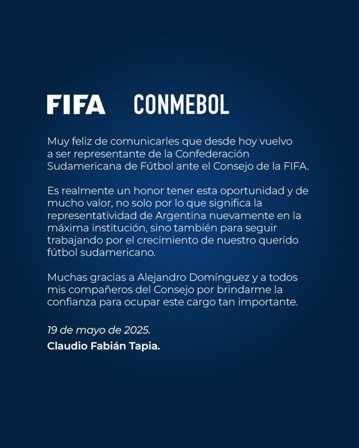 Imagen El mensaje de Tapia en sus redes sociales.