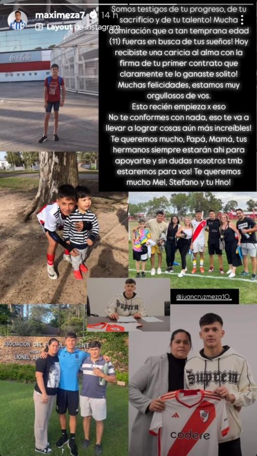 Imagen La historia subida por Maxi Meza días atrás, felicitando a su hermano Juan Cruz, quien firmó su primer contrato con River.